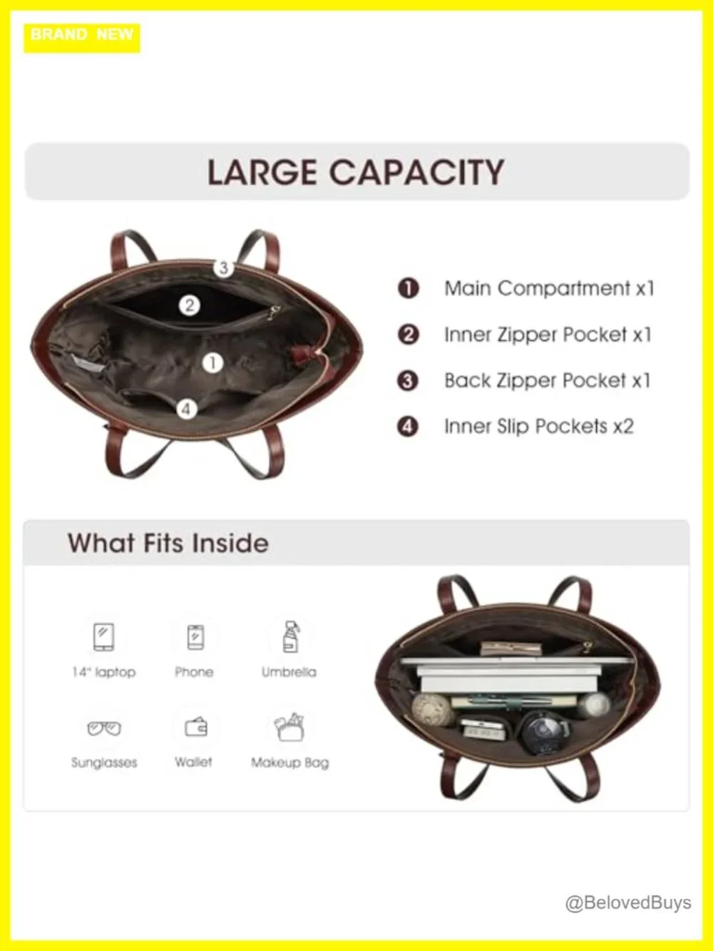 Genuine Leather Work Tote with Zip Compartment, Spacious for Laptop